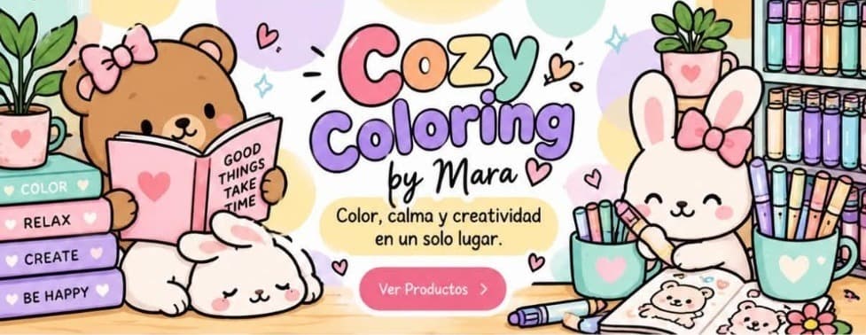 Osito y conejos en un rincón de colorear. El lema dice: color, calma y creatividad en un solo lugar.